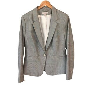 H&M Women's Gray Plaid One Button Blazer Jacket Notched Lapel Lined Career